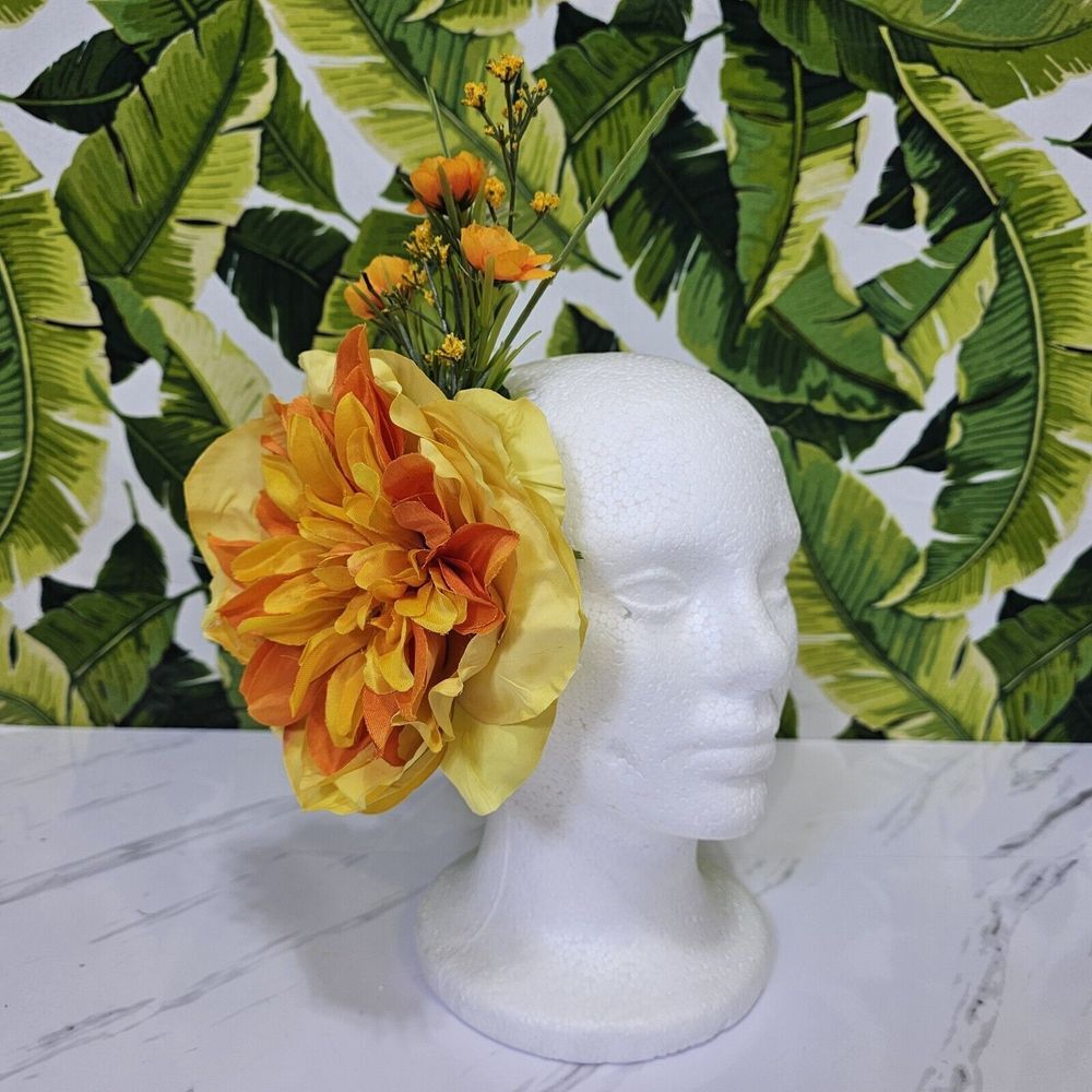 Big Dimensional Tropical Yellow Orange Dahlia Peony Tiki Luau Floral Hair Clip